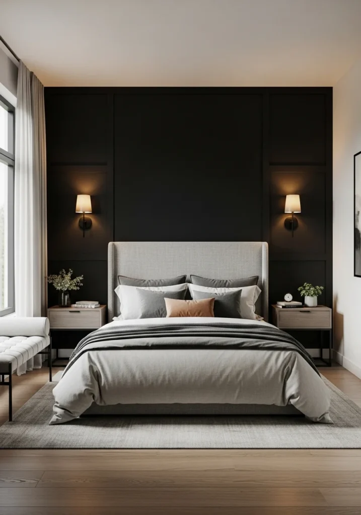 Black accent wall behind bed with wall sconces and balanced design
