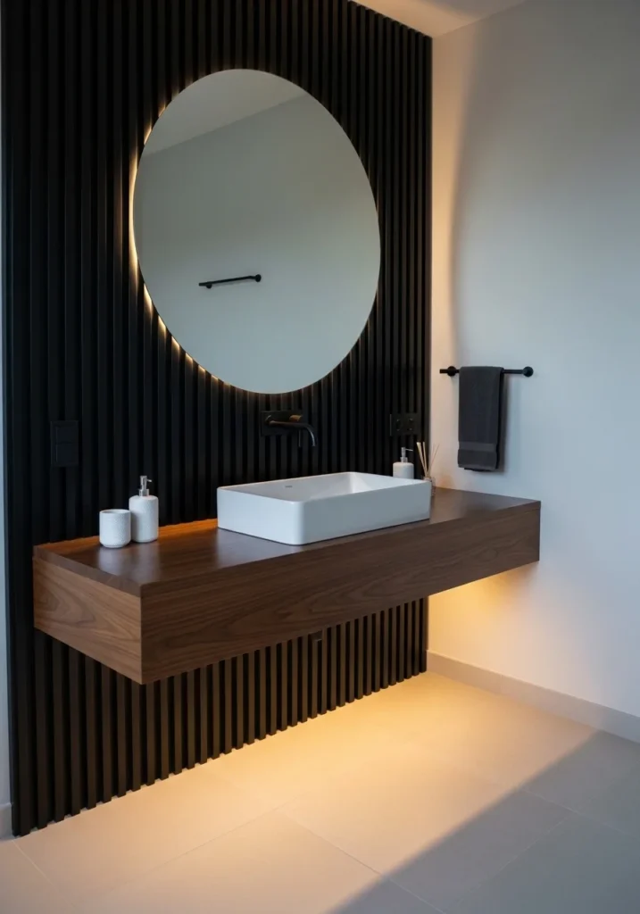Black wood slats in bathroom accent wall.