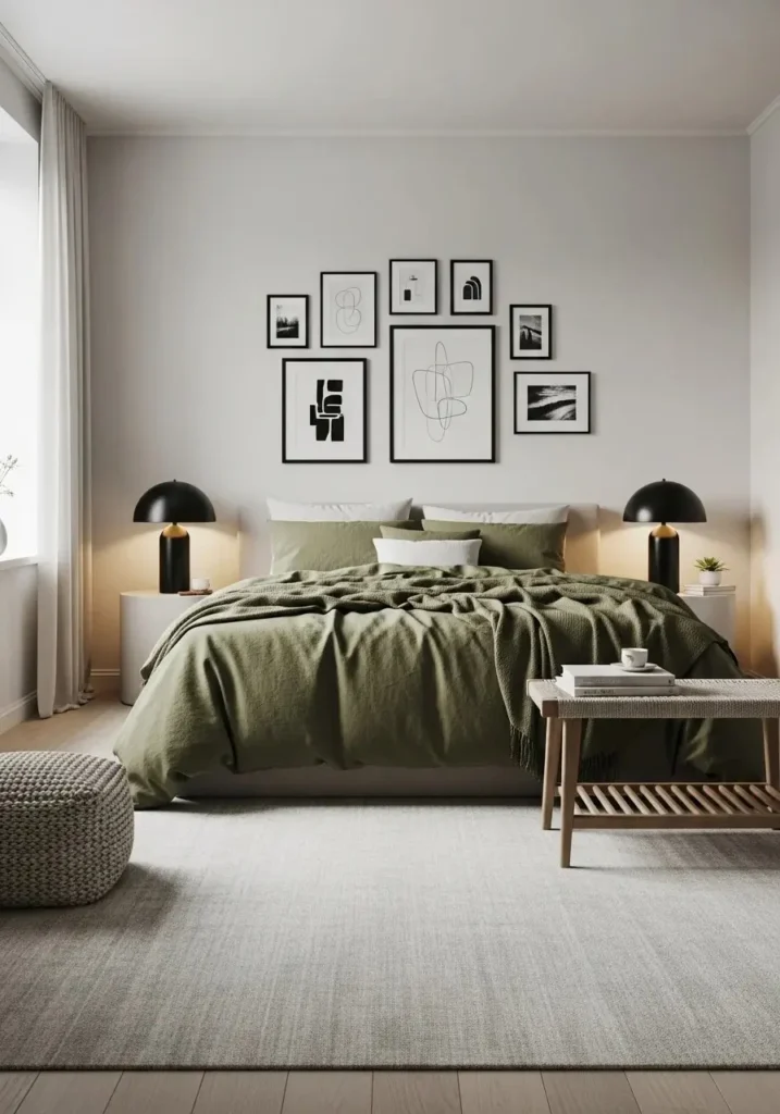 Olive green bedding with black accents gives a warm and grounded bedroom look