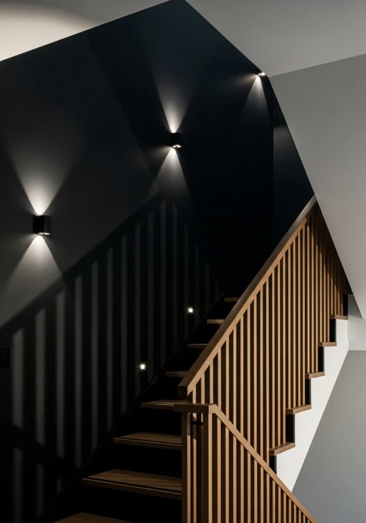 Black wall with wood slats along staircase.