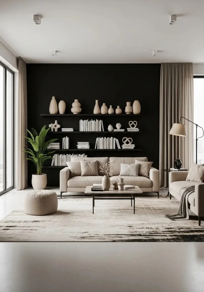 black shelving with beige decor stylish living room idea