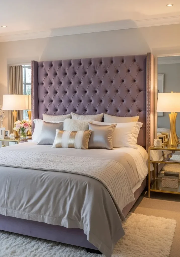 lavender velvet headboard bedroom
