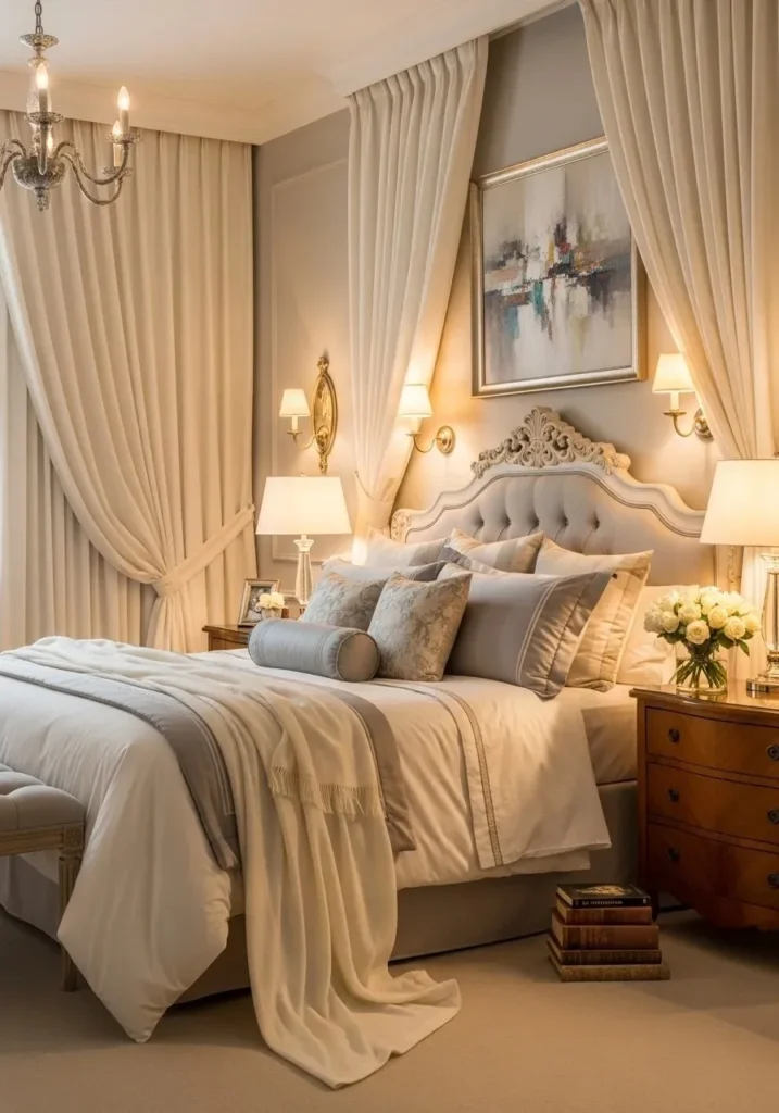 Floor-pooling ivory curtains creating a dramatic bedroom look.