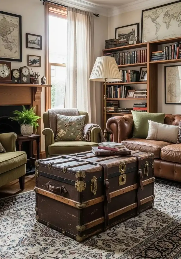 Vintage trunk used as coffee table in living room