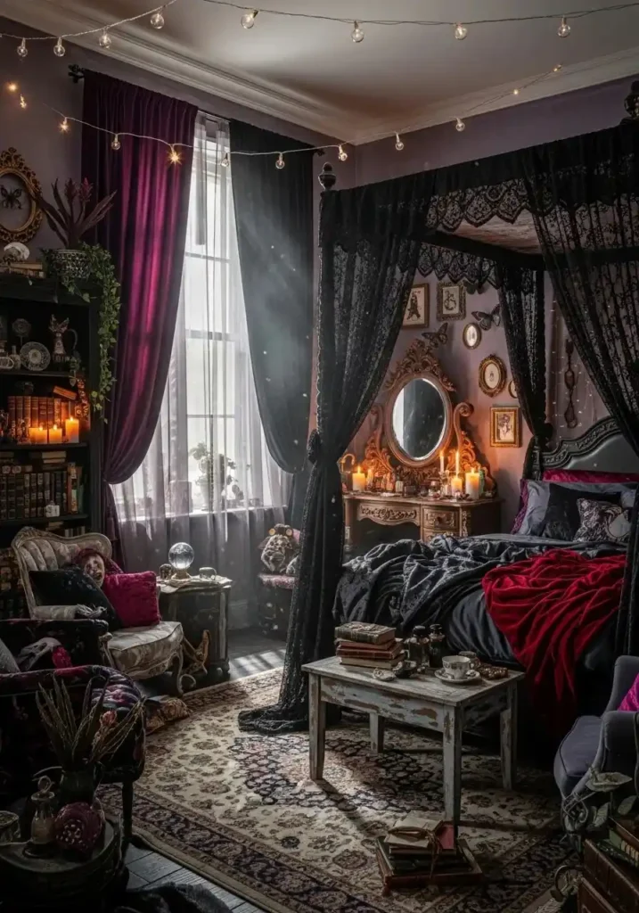 Dark velvet and sheer curtains framing windows in a whimsigoth style bedroom.