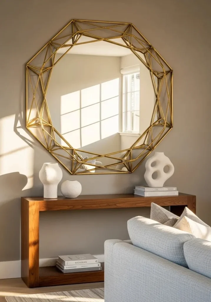 Statement geometric mirror in modern living room.