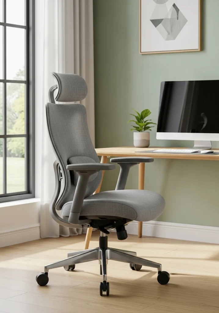 Stylish ergonomic office chair at a modern desk, combining comfort and aesthetic appeal for a productive workspace.