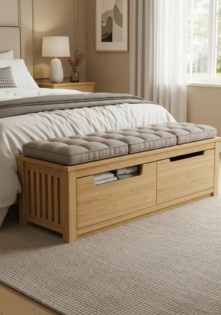 Multi-functional furniture with hidden drawers storing clothes in a small bedroom