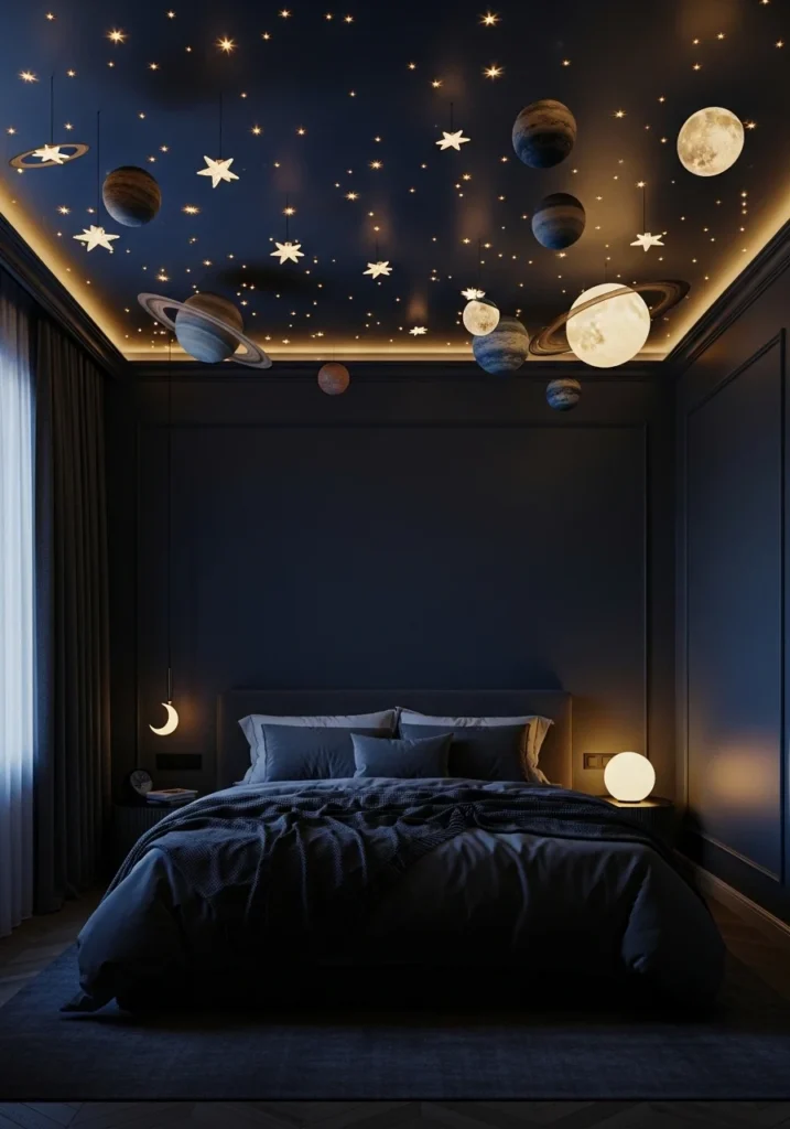Bedroom with glow in the dark stars and planets on ceiling creating a night sky effect.