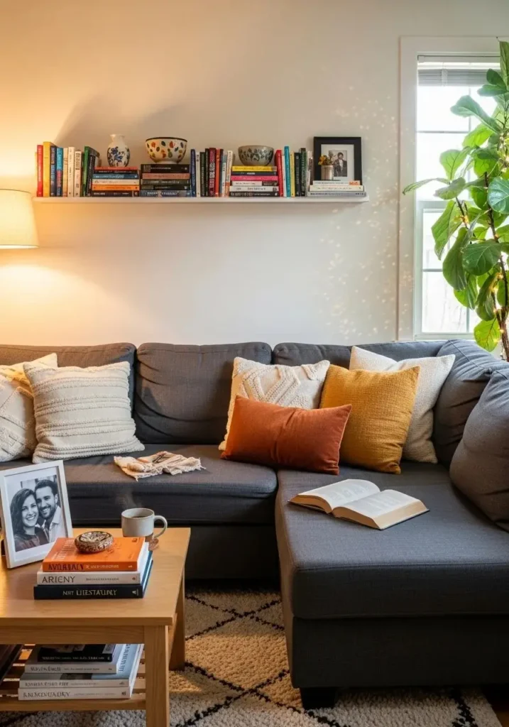 Charcoal couch living room with simple personal decor creating a warm space.