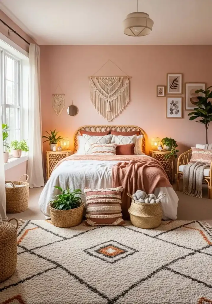 Blush pink boho bedroom with rattan furniture and cozy decor