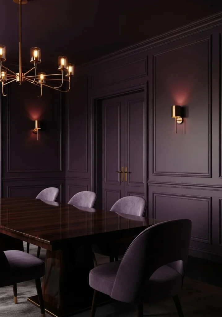 color drenched plum dining room