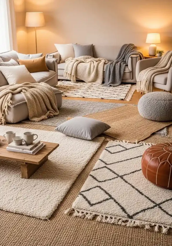 layered textures in long living room cozy decor