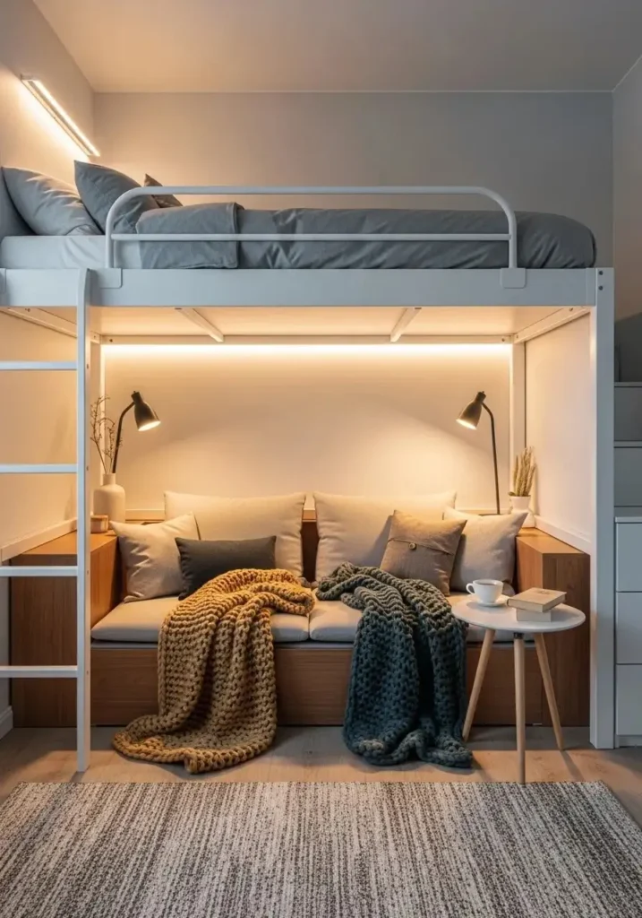 Loft bed with an under-bed seating area, creating a cozy lounge space in a small bedroom.