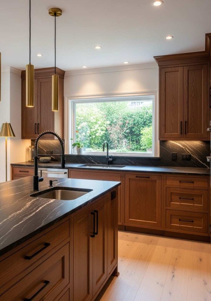 Luxurious kitchen with dark wood cabinets and black accents.