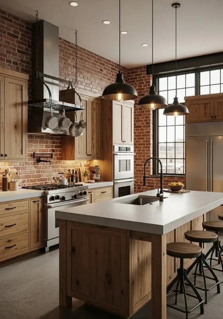 Industrial kitchen with wood cabinets and metal fixtures.