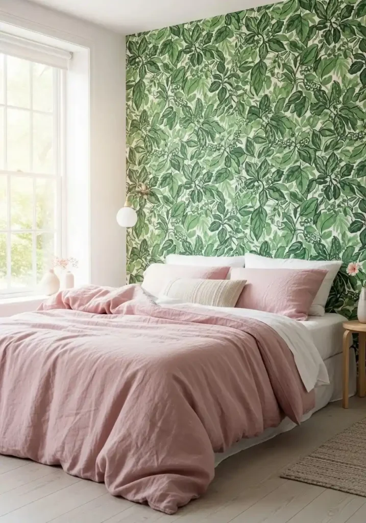 botanical wallpaper bedroom with pink bedding ideas