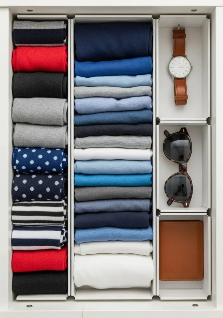 Drawer dividers keeping small clothing items organized in a compact space