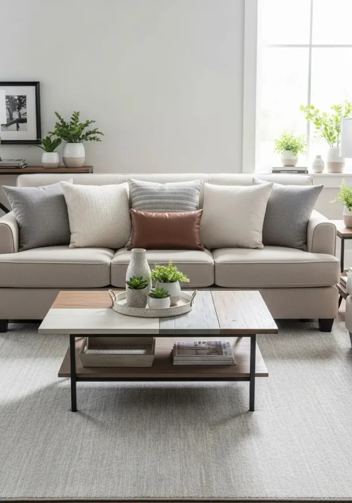 Beige couch living room featuring a multi-textured coffee table that adds depth and style to the space.
