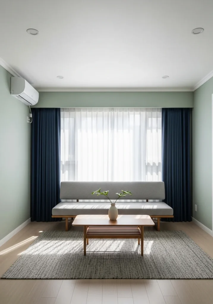 Navy curtains paired with sage walls for a stylish and elegant living room