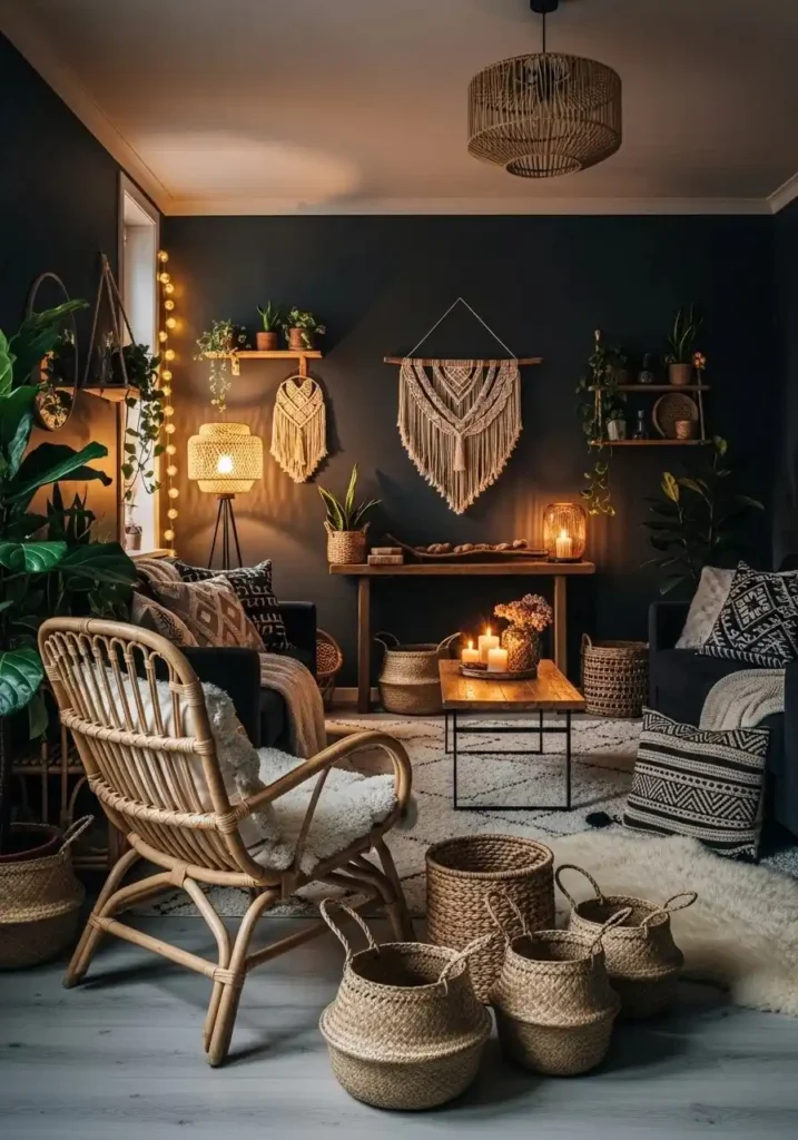 rattan furniture in boho living room