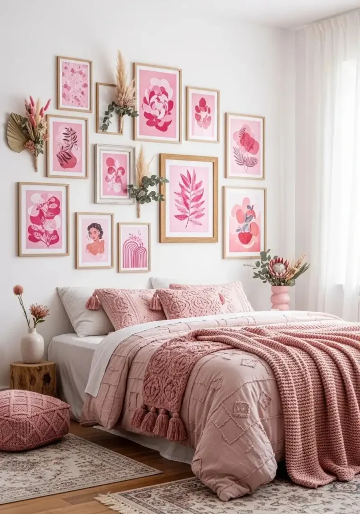 Pink boho gallery wall with art and decor