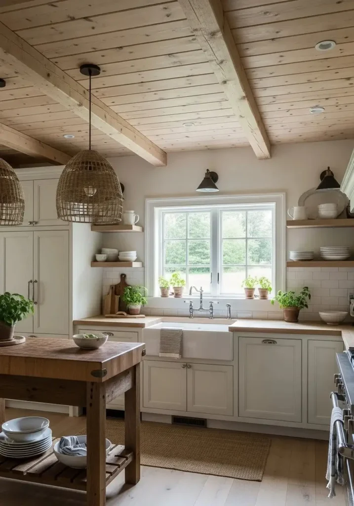 Tongue-and-groove wood ceiling in kitchen adding texture and warmth.