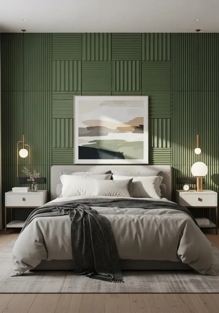 Textured green wall panels in bedroom creating depth and modern visual interest