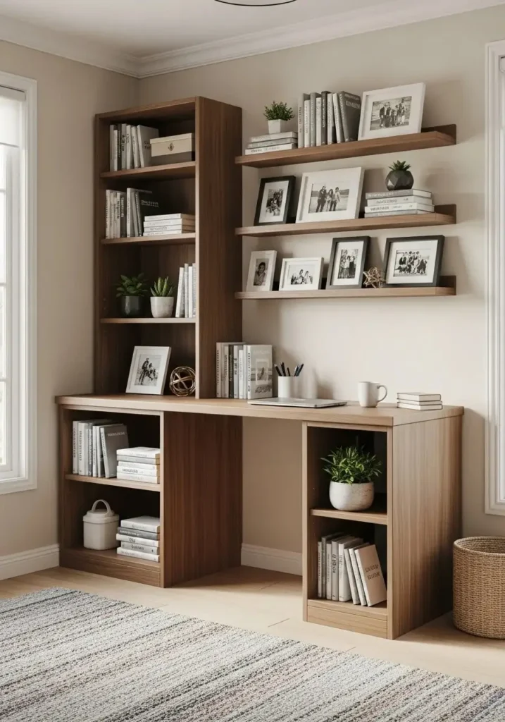 Desk with built-in shelves holding books and decor in a living room corner.