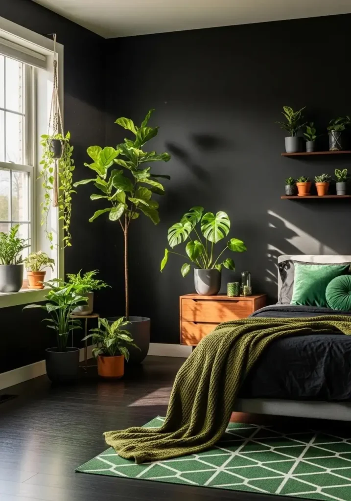 Indoor plants against black walls bring life and freshness to a modern bedroom.