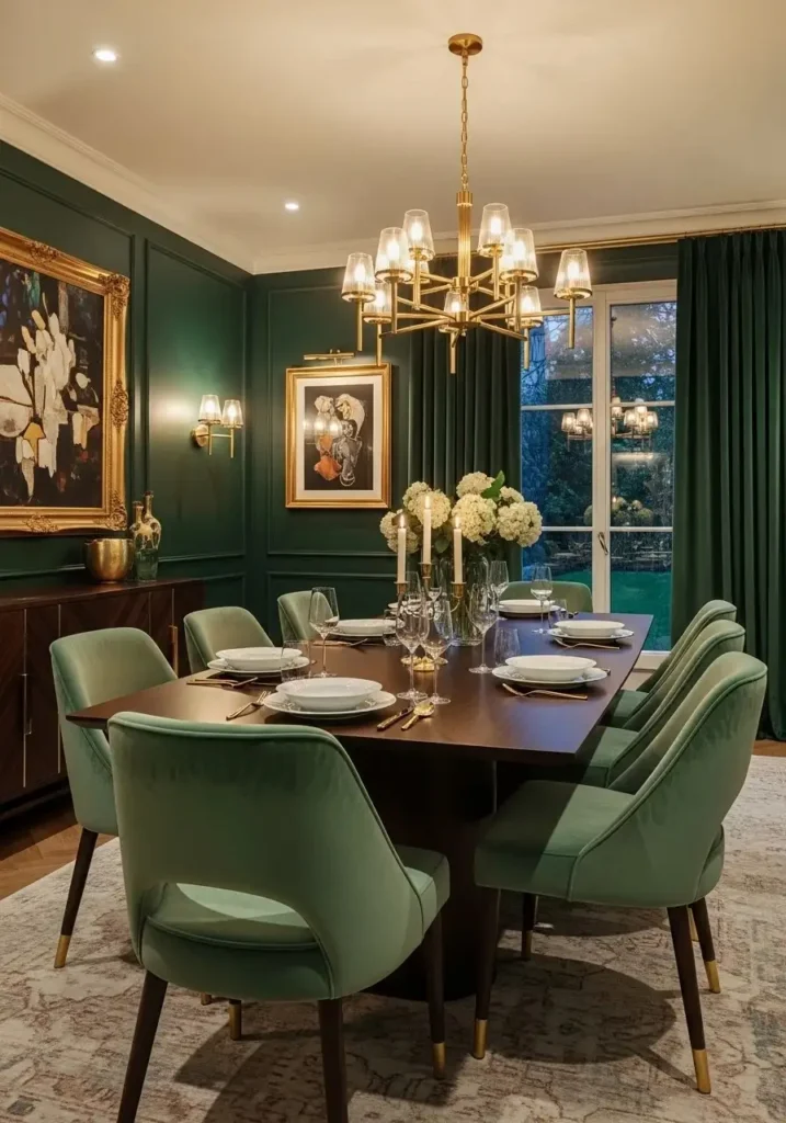 emerald green statement wall dining room with velvet chairs and gold accents