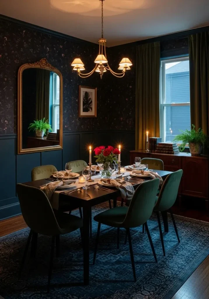 dining room with dark moody wallpaper
