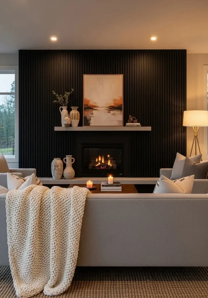 Black slats around fireplace.