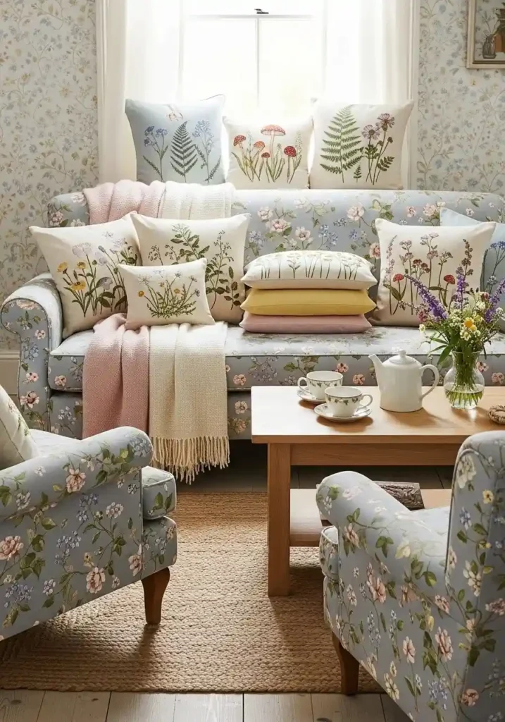 Cottagecore living room sofa with floral cushions and pastel throws.