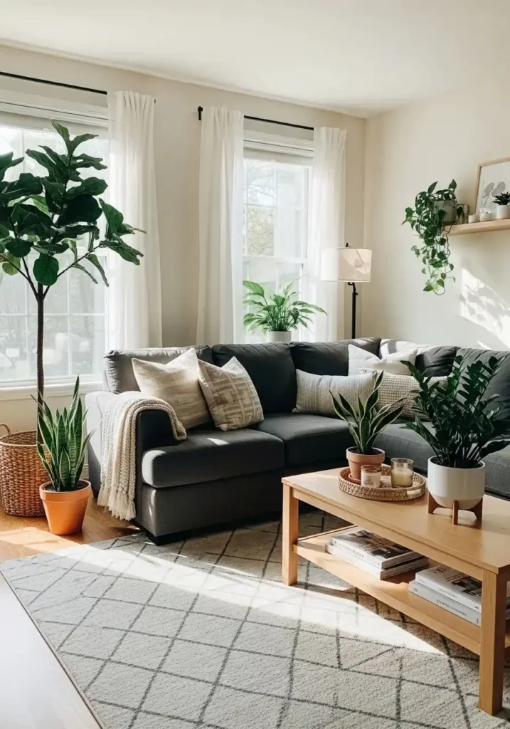 Living room with charcoal couch and greenery adding freshness and contrast.