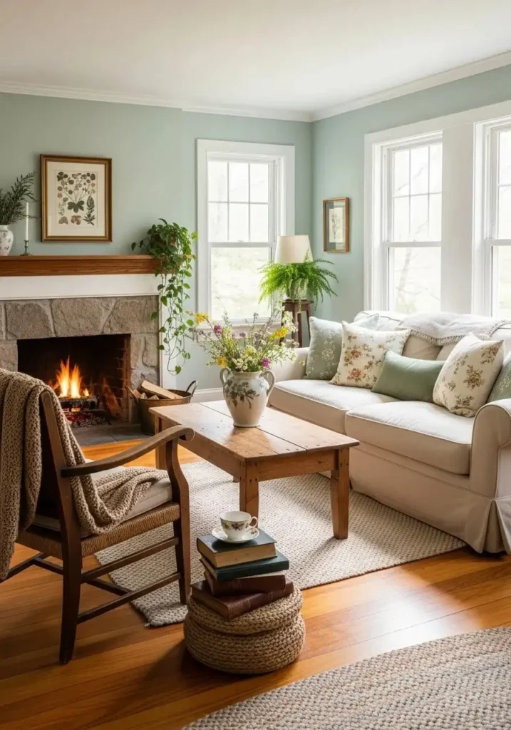 Cottagecore living room with sage green walls, white trim, and wooden furniture