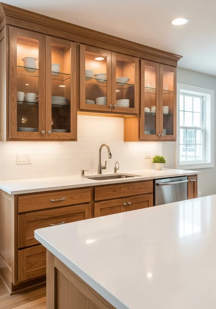Hickory cabinets with glass-front doors.