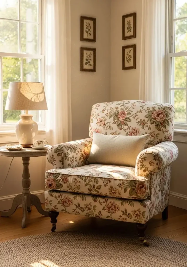 Cozy armchair with side table and lamp in a cottage living room corner.