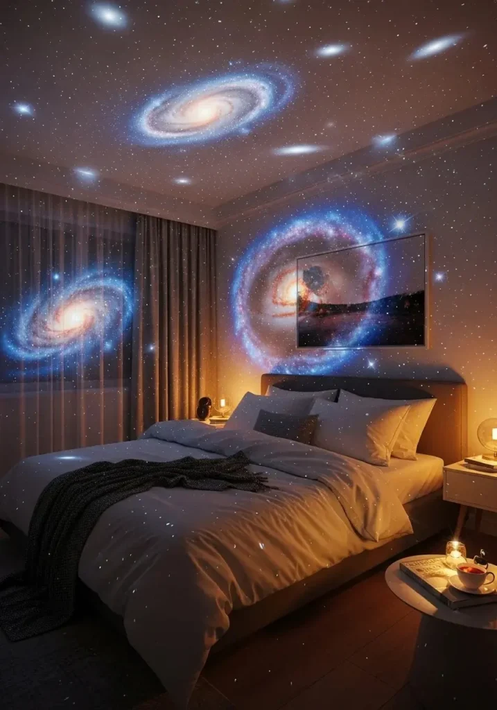 Bedroom with star projector lighting creating galaxy effect on walls and ceiling.