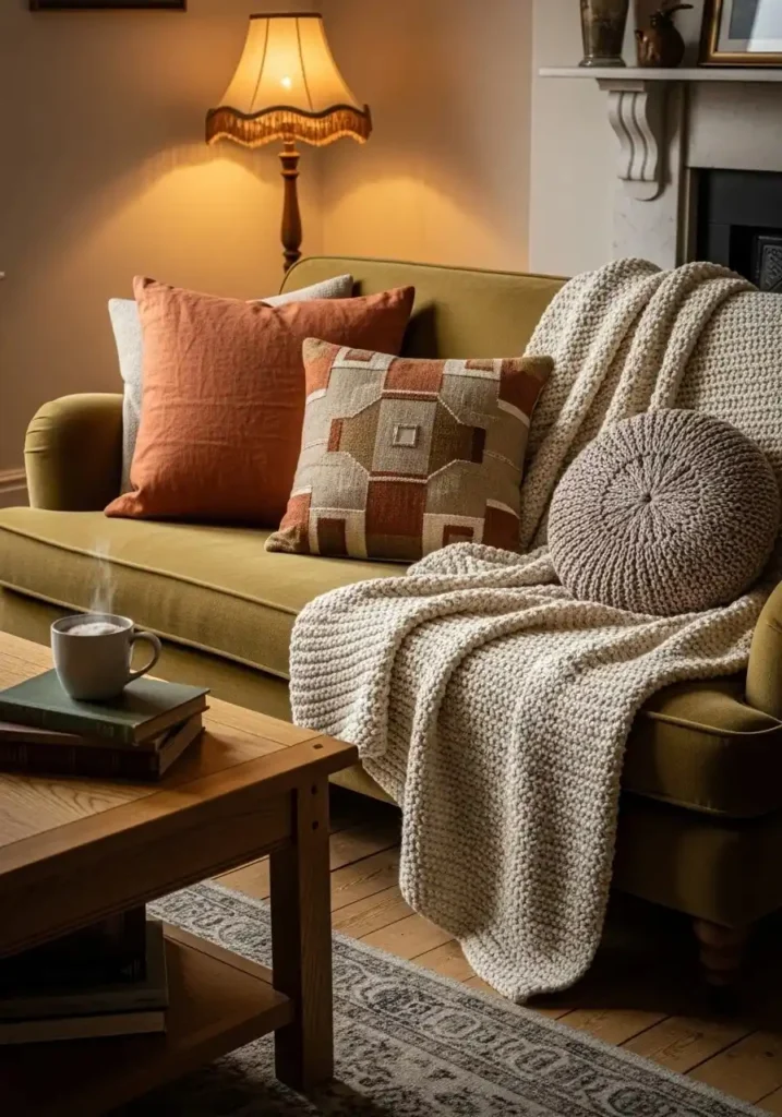 Cozy knitted throw and cushions on vintage sofa