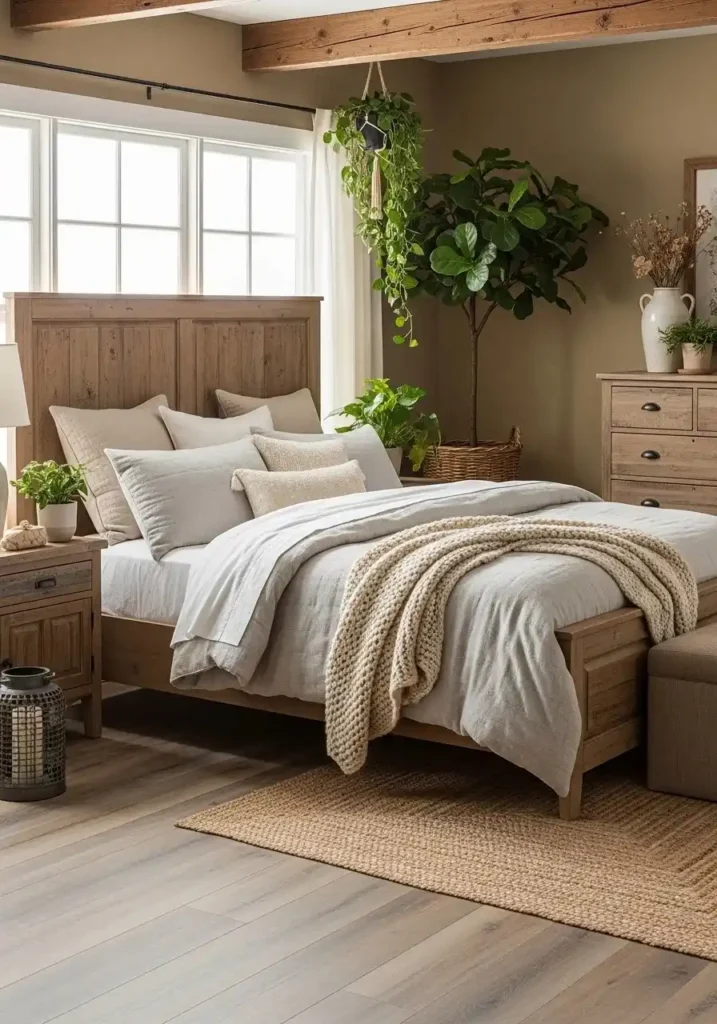 rustic bedroom with indoor plants