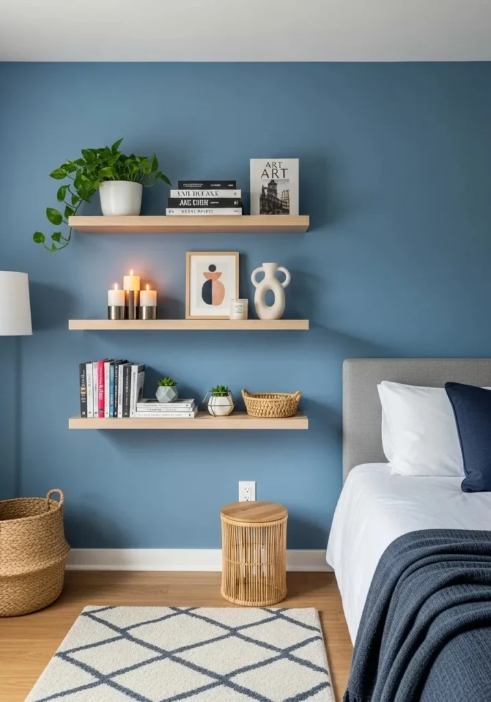 Blue accent wall with floating shelves displaying decor items for a stylish and functional bedroom