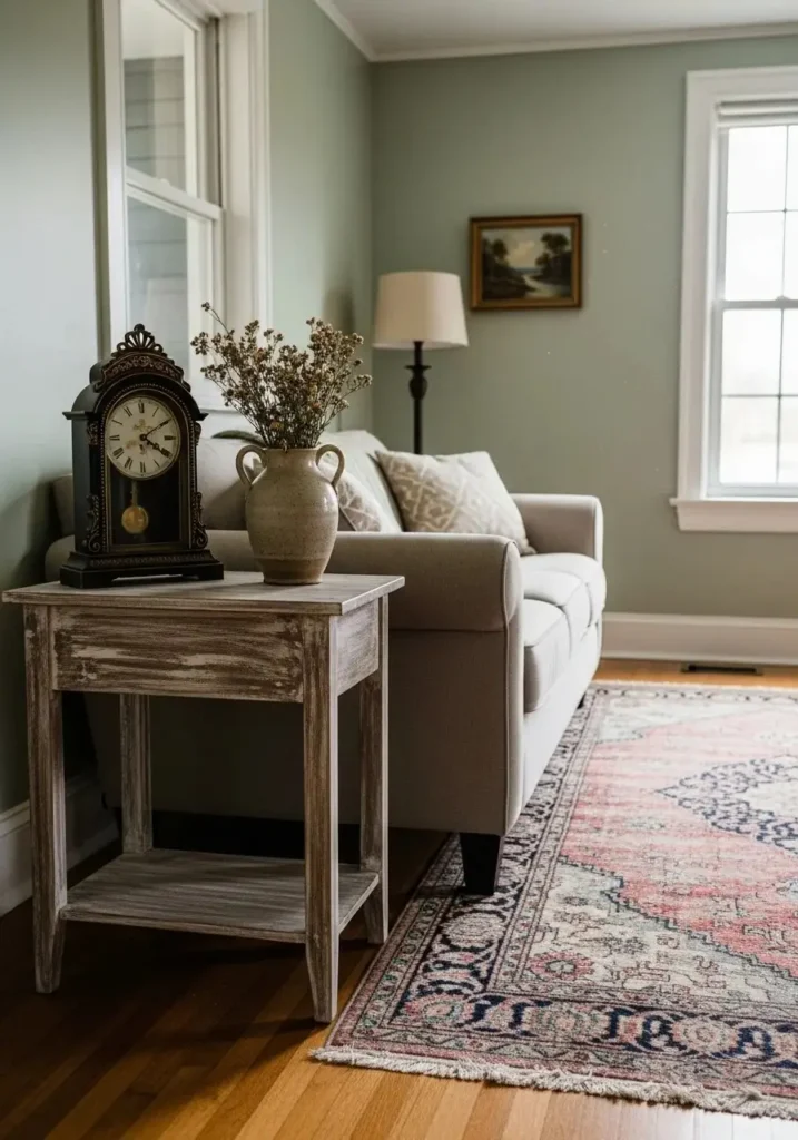 Distressed wooden side table with vintage decor