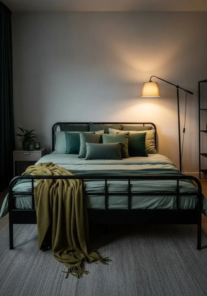 Black bed frame with layered green textiles creates a stylish and inviting bedroom.