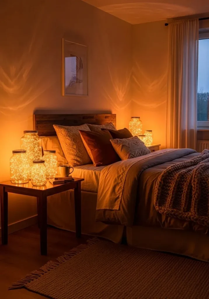 Fairy lights inside glass jars creating soft lantern effect in bedroom