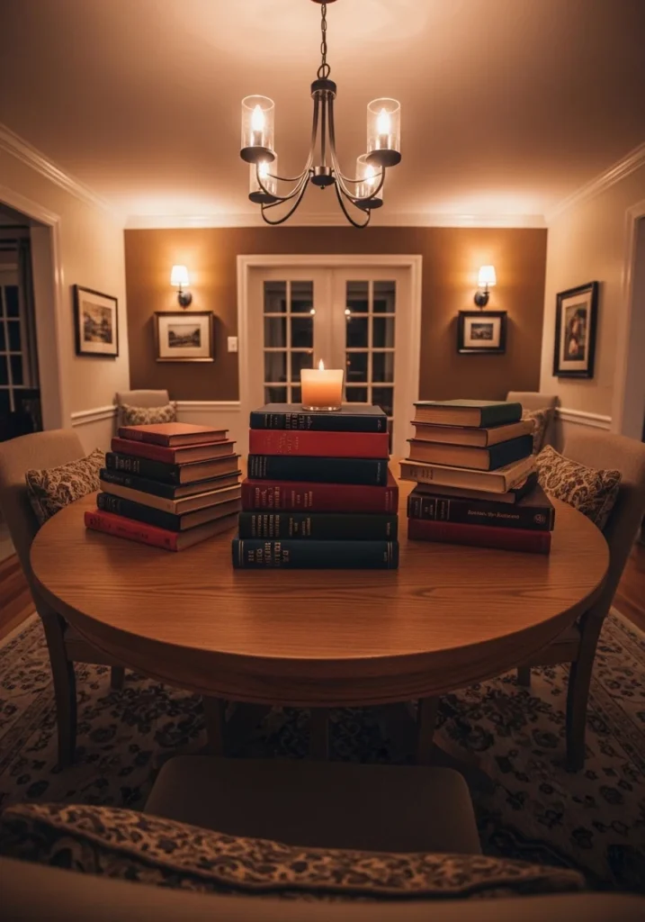 round dining table with stacked books styling