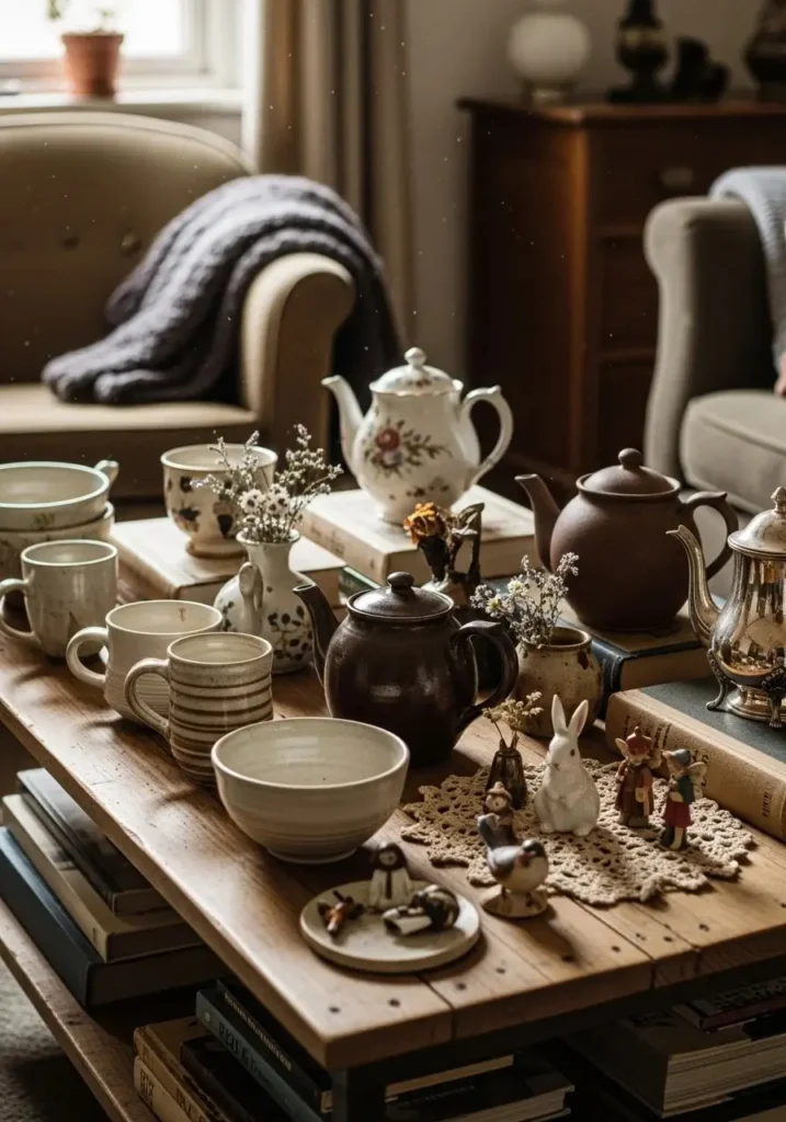 Cottagecore living room with vintage teapots and ceramic décor