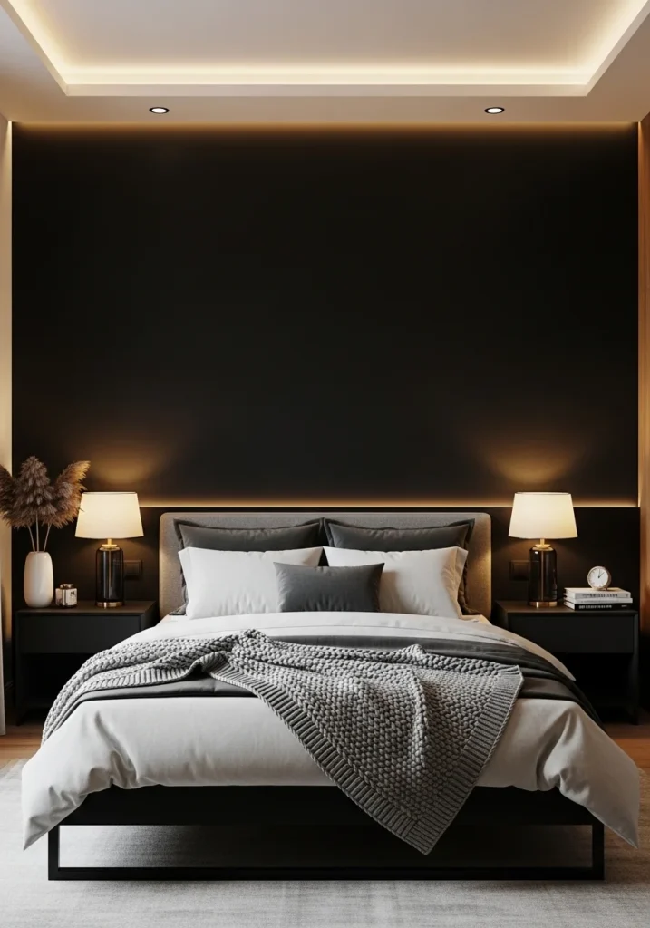 Black accent wall adding drama and elegance to a bedroom.