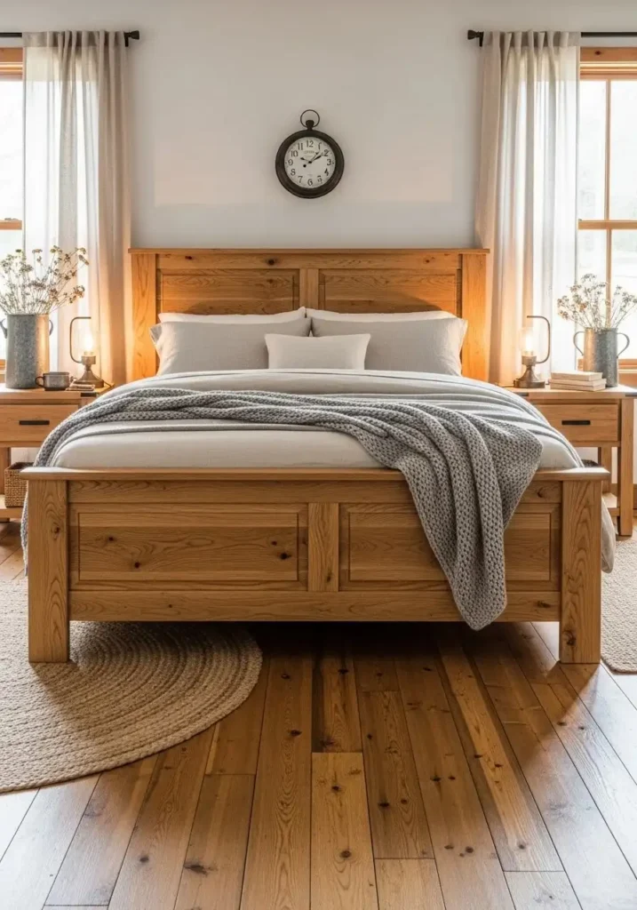 rustic bedroom with wooden bed frame