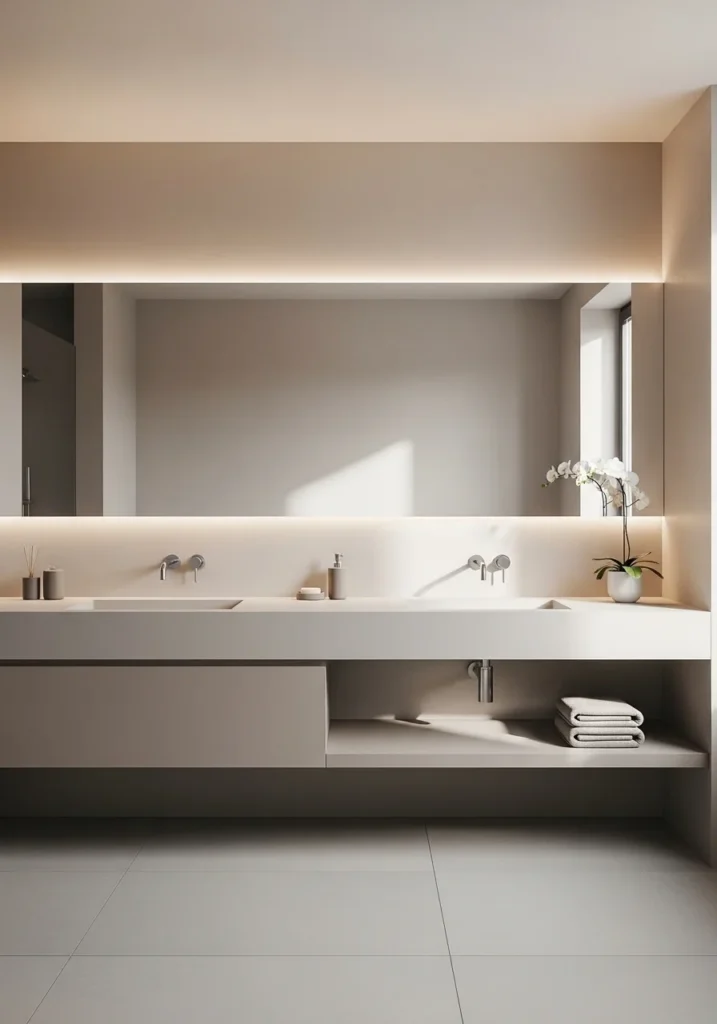 Oversized bathroom mirror reflecting light in a modern vanity space.